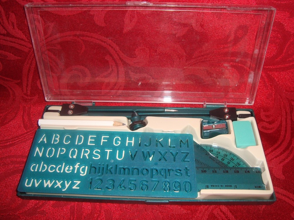 10 pc Student Math Drawing Set Protractor Compass Triangles Ruler ABC Stencil