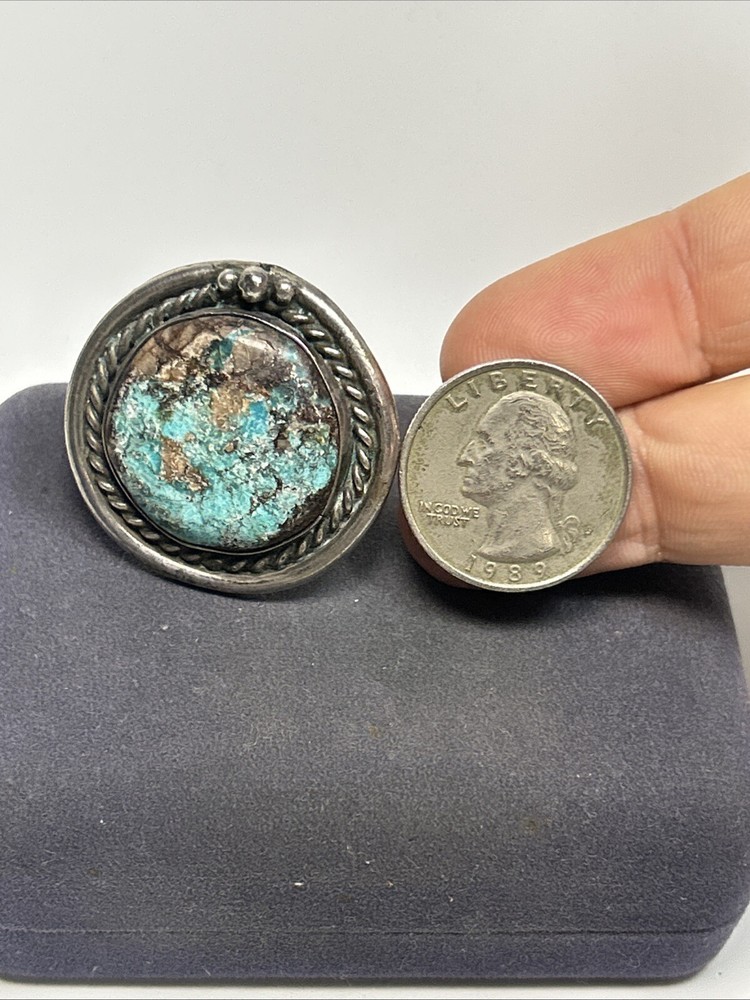 Large Native American Sterling Silver & Turquoise Twisted Cable Circle Ring