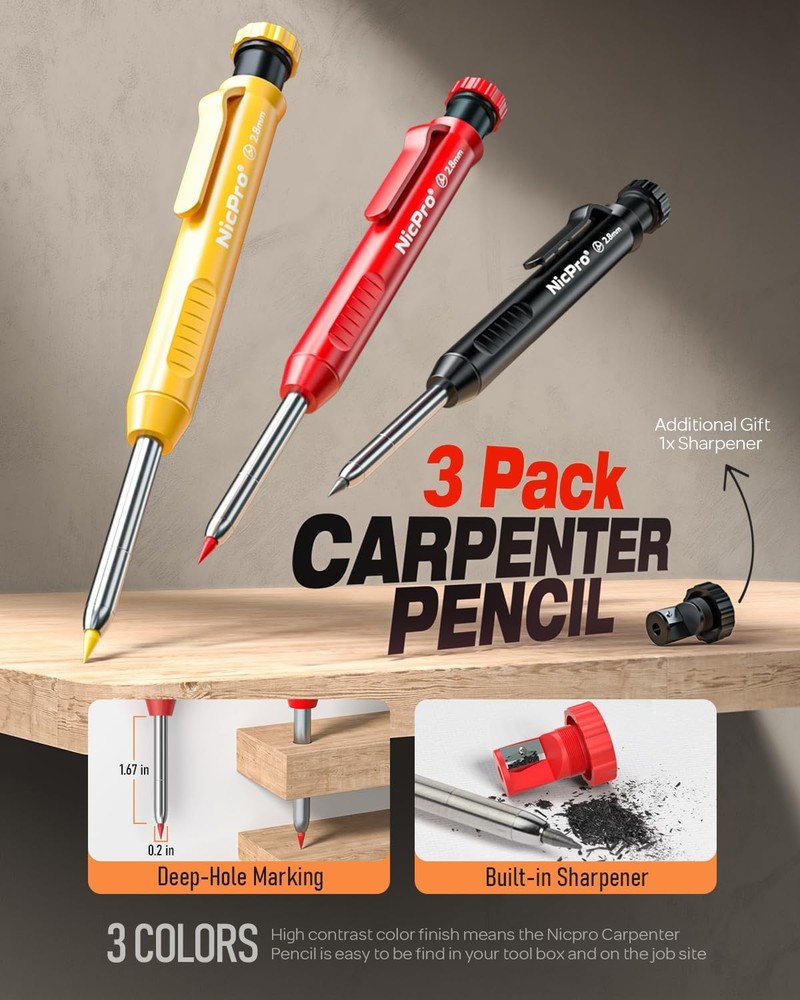 Nicpro 3 Pack Mechanical Carpenter Pencil with Sharpener & 39 Refills