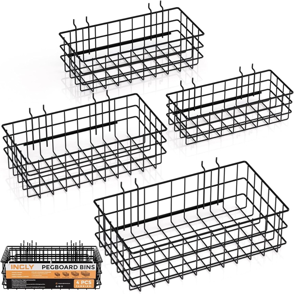 INCLY 4 Pack Pegboard Baskets Bins Set, 4 Size Square Style Black Metal