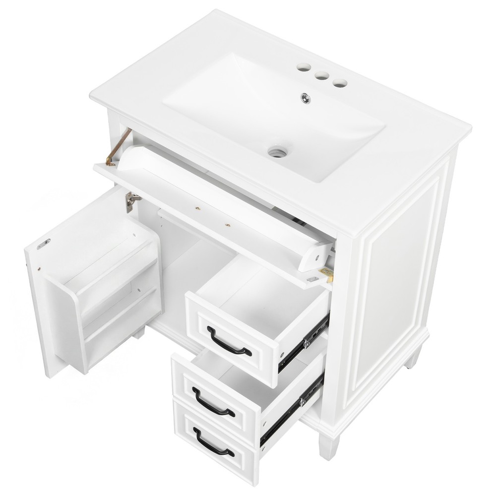 30" White Bathroom Vanity with Ceramic Sink and Solid Wood Cabinet
