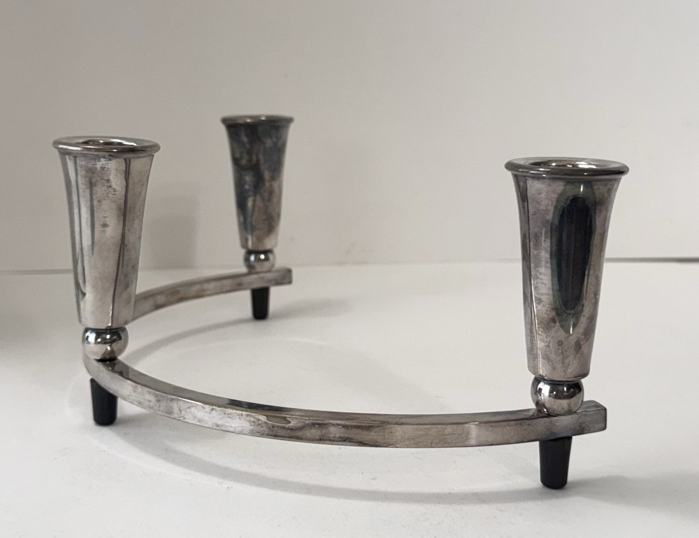 Vintage Mid-Century Modern Silverplate & Bakelite Half Circle Candelabra 2pc Set