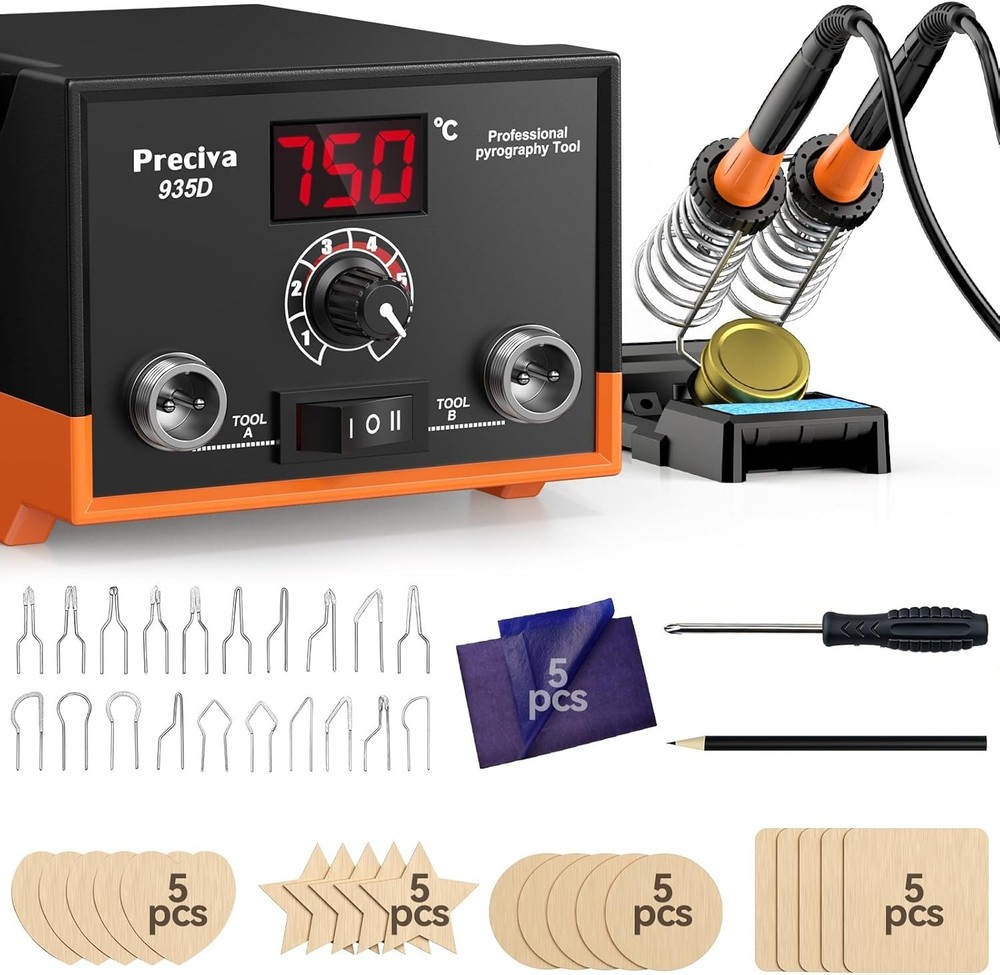 Professional Pyrography Kit, Dual Pens, Precise Temp Control, 20 Tips, Wood Art