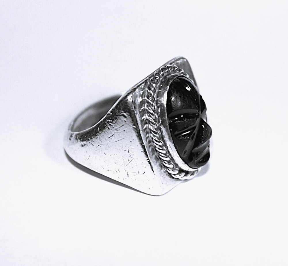 Easter Island Face in Black Onyx set in a Sterling Silver Roped Setting Size 11