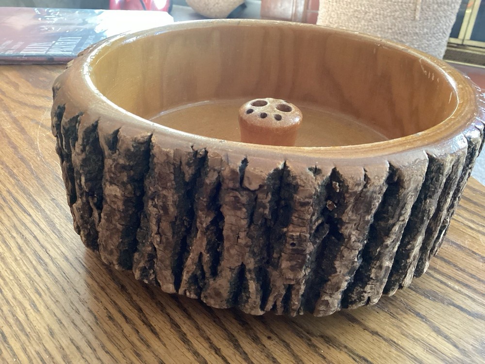 Vintage Nut Cracker Bowl Turned Wood Tree Bark Rustic Mid Century