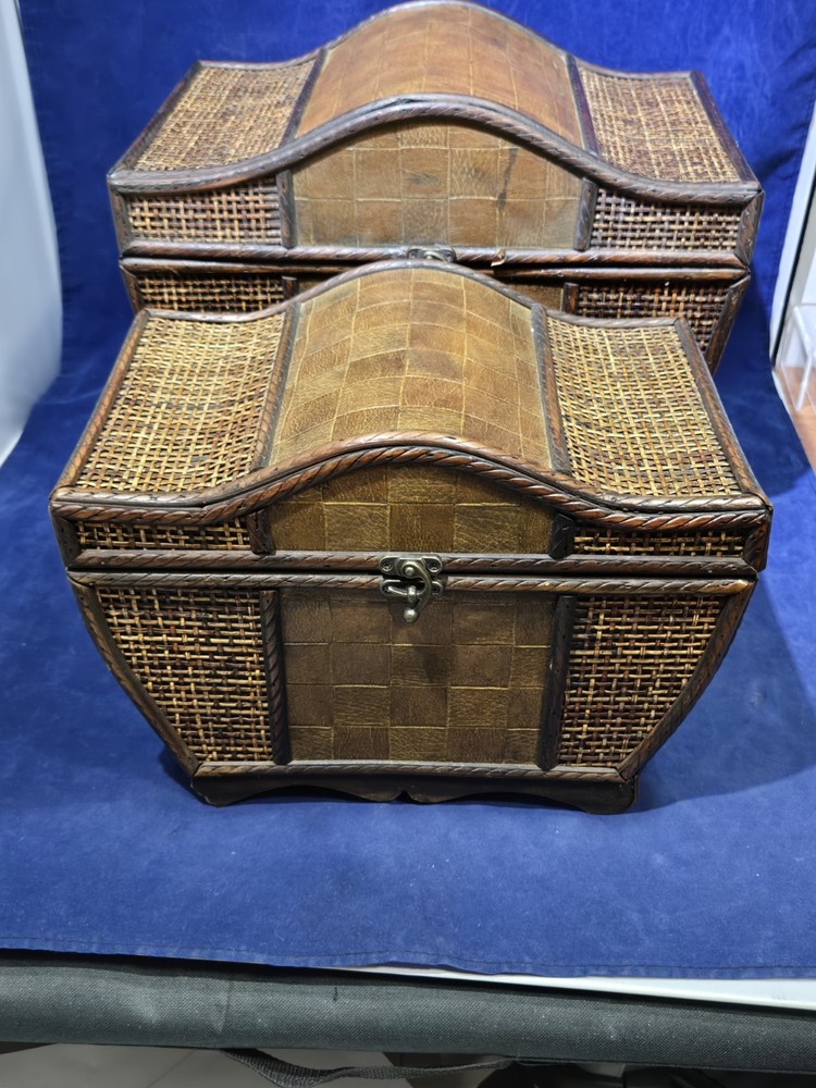 3 Beautiful Wooden Wicker Keepsake Chests, Large, Medium And Small, Stack