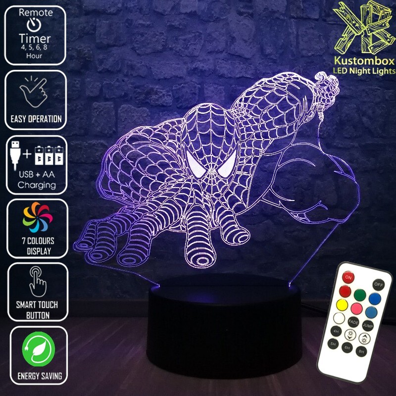 SPIDERMAN AVENGERS SUPERHERO 3D LED BATTERY USB NIGHT LIGHT 7 COLOUR REMOTE