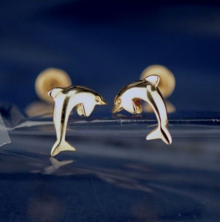 14k Yellow White Gold Dolphin Earrings