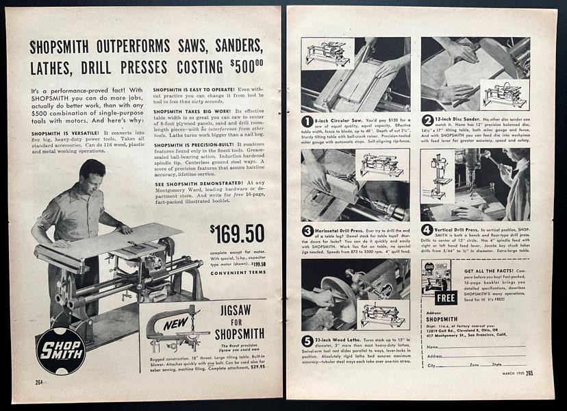 Shopsmith 10ER 1950 vintage AD “Outperforms Tools Costing $500”