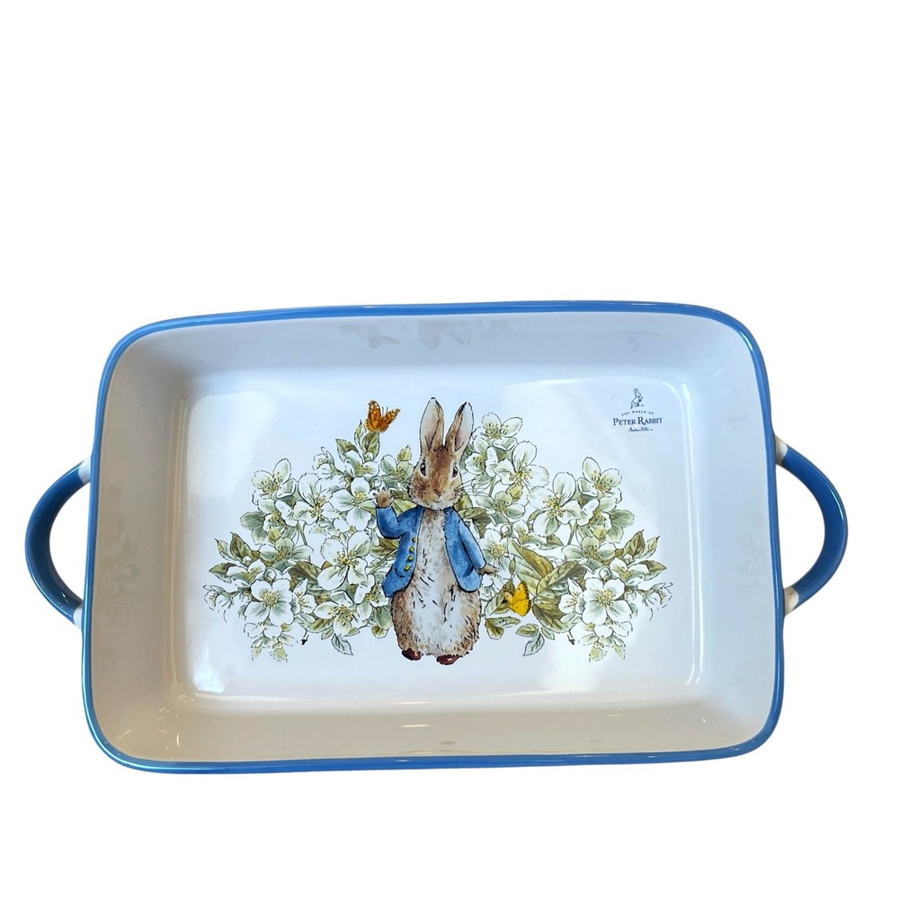 Beatrix Potter Peter Rabbit Rectangular Ceramic Baker Blue Rim Easter  NEW
