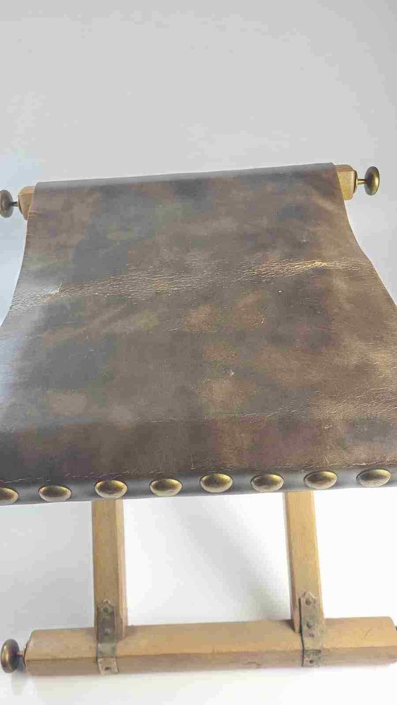Vintage Oak Leather And Brass Camp / Campaign Folding Stool