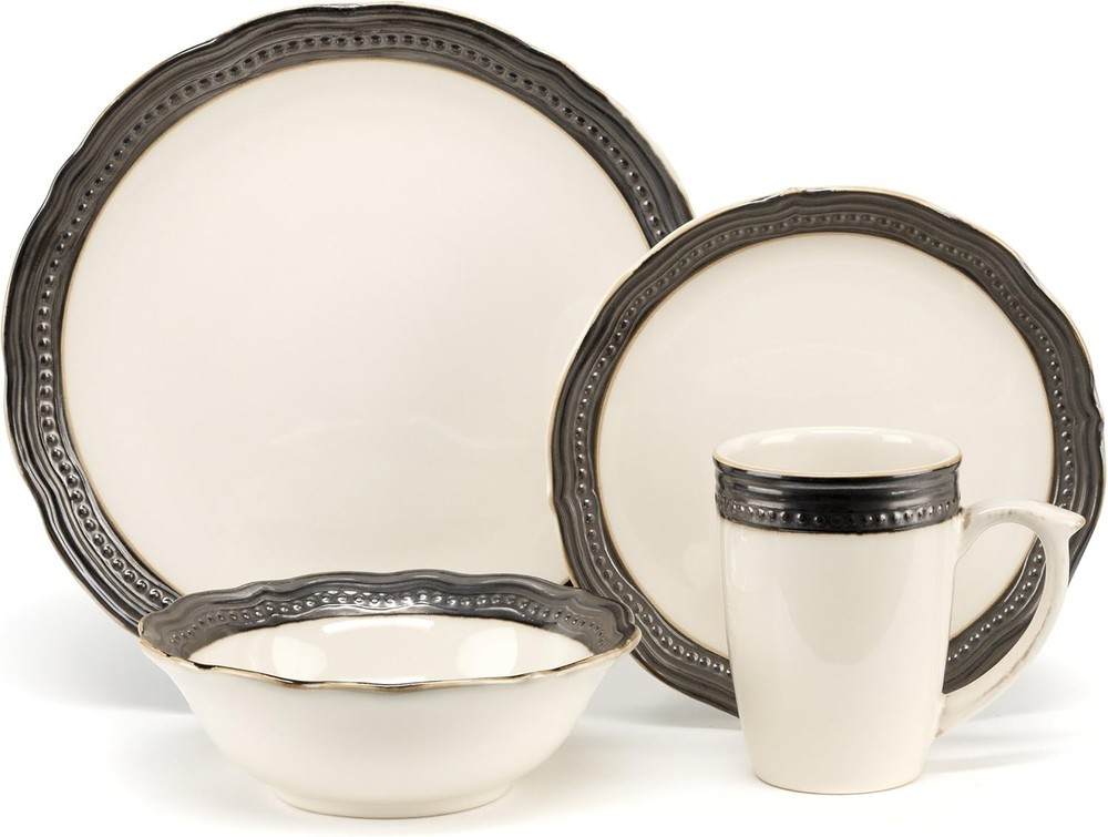 Cuisinart Discontinued CDST-16PTN White and Tan Stoneware 16 Pc Dinnerware Set