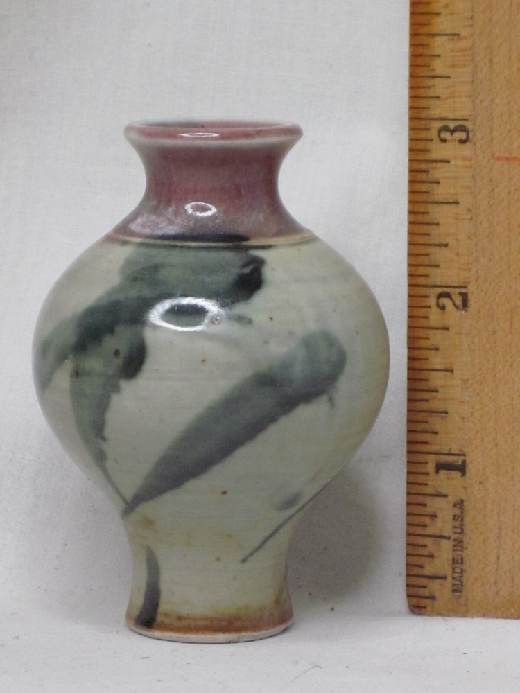 small glazed ceramic vase unique 3" signed art