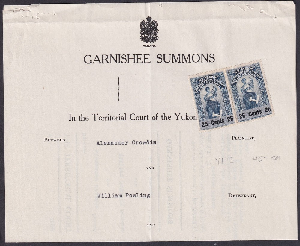 Canada Revenue (Yukon), van Dam YL13, used on document