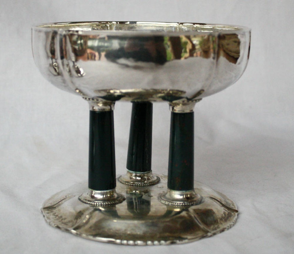 MAGNIFICENT 1920 GERMAN SILVER COVERED DISH WITH AGATE BASE & TOP