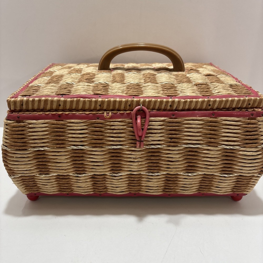 Vintage Woven Wicker Pink Accent Sewing Basket Box Hinged Lid Handle
