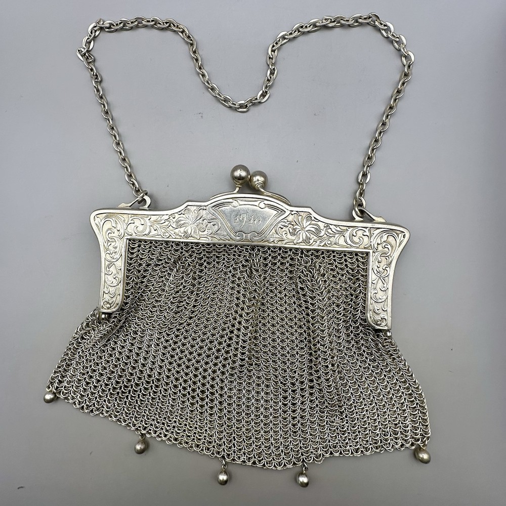 Antique James E Blake Silver Mesh Purse Flapper Bag Chain Handle Marked 1910
