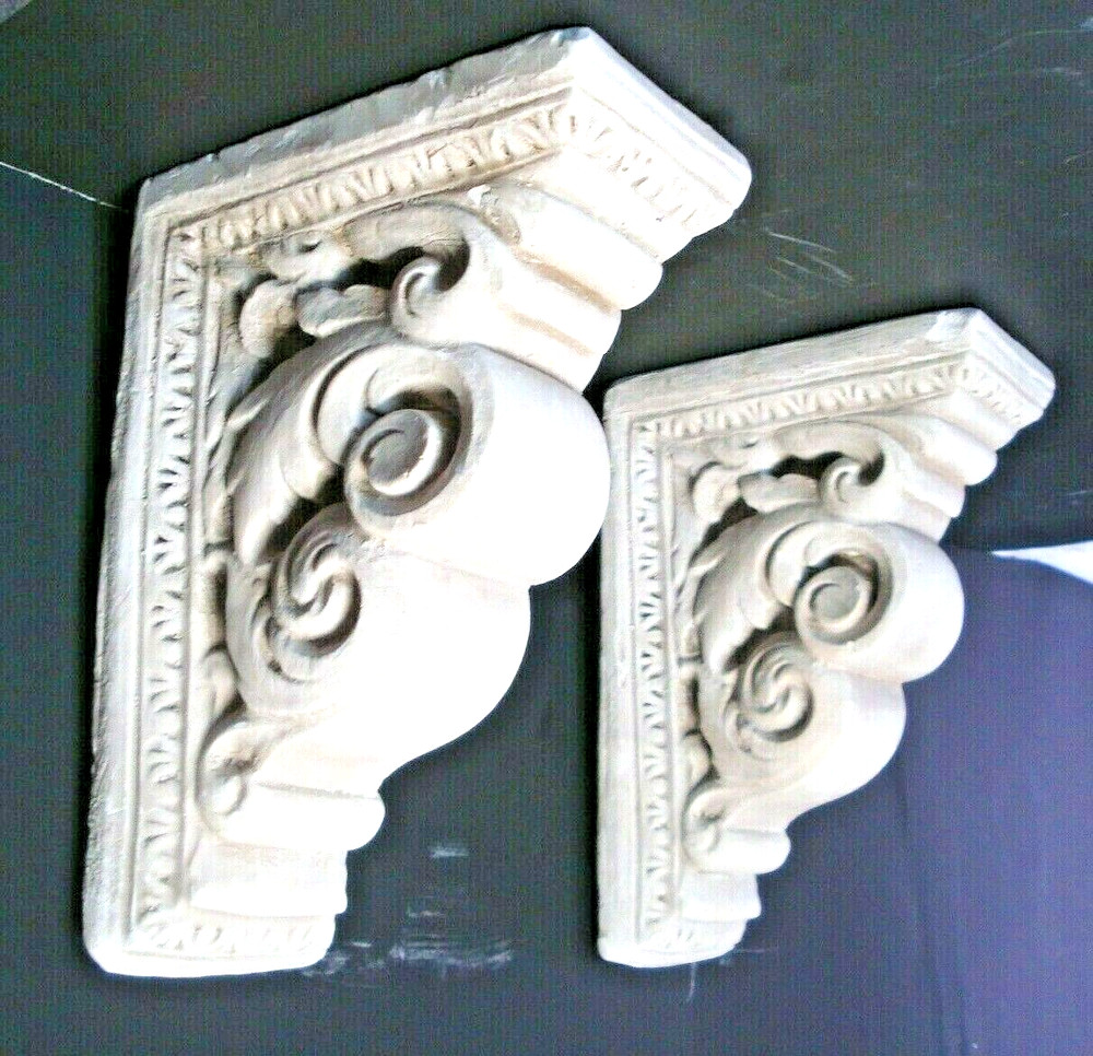 Vtg plaster Classical Acanthus leaf Wall Corbel Sconce shelf Bracket Pair 9" x 6