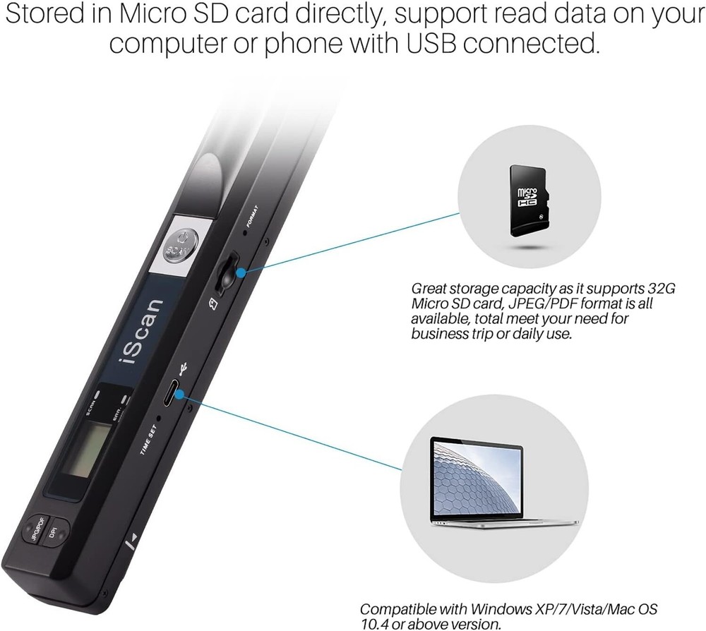 Versatile 900 DPI Handheld Image Scanner - Direct USB Connection with Storage