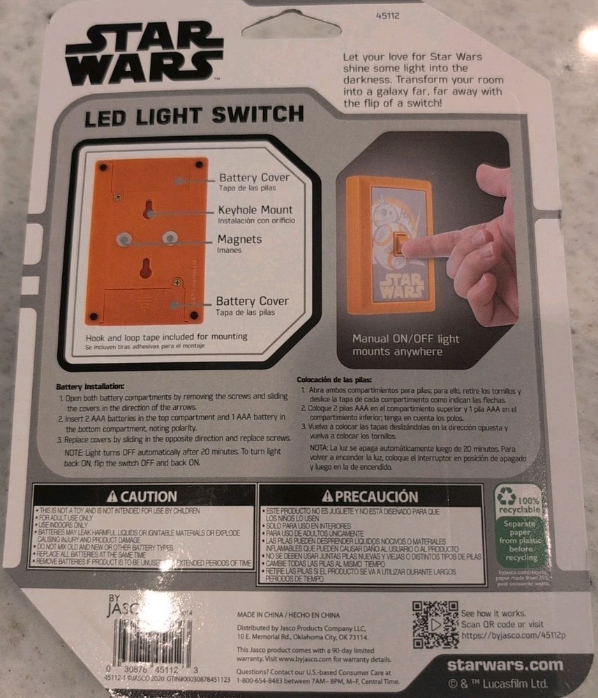Star Wars Switch LED Night Light, Manual On / Off Switch New