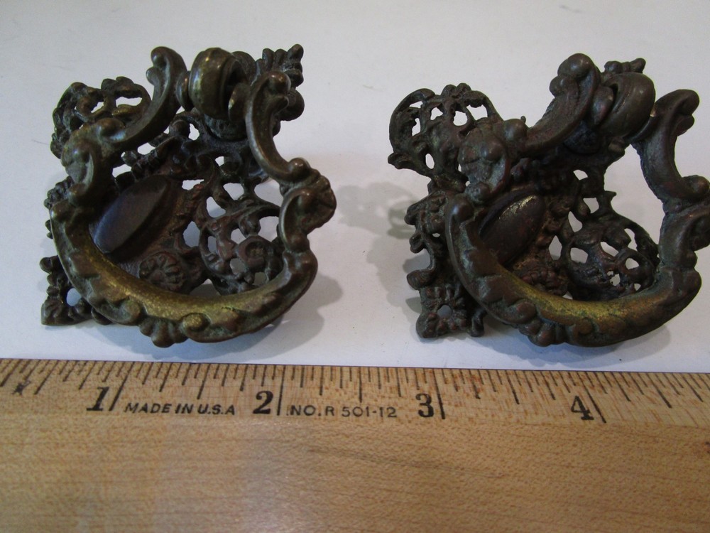2 Vintage Ornate Brass Victorian Drawer Pulls 2.5" wide Backplate with Bail Pull