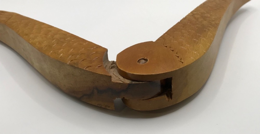 VTG Hand Carved Solid Wood Fish Shape Double Nut Cracker 8" Decorative Textured