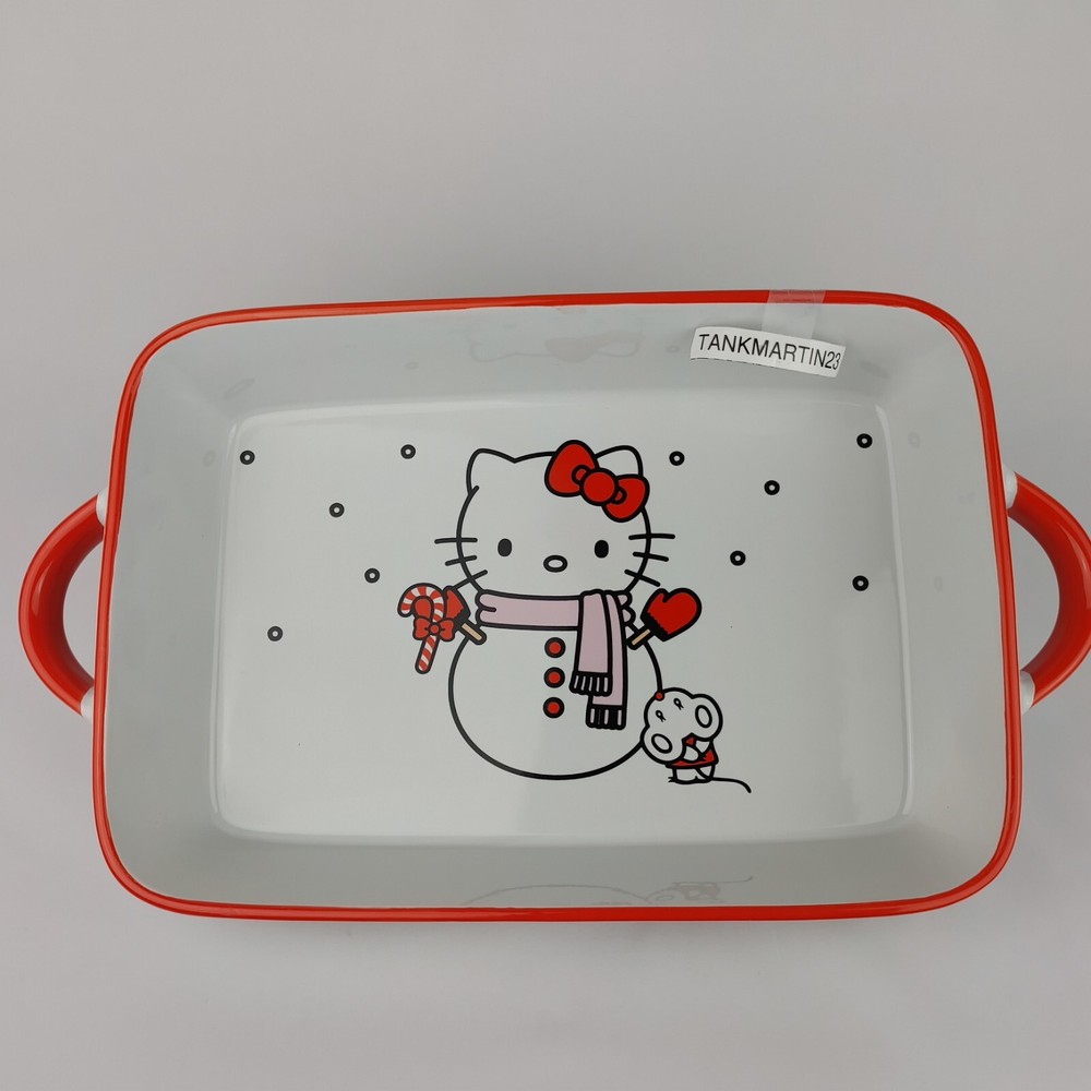 Hello Kitty Christmas Snowman Ceramic Casserole Dish Rectangle 12" With Handles