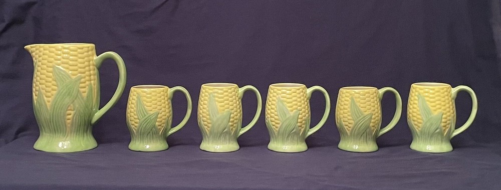 Corn Cob Ear Pitcher & Matching Mugs, Ceramic Pottery. Preowned Good Condition