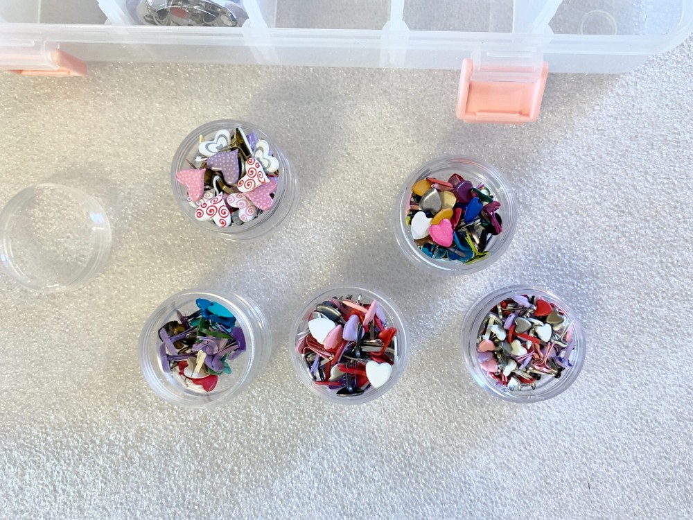 29 Diff Sets Unique Deco Brads + Storage Container w/ 30 Screw Top Containers
