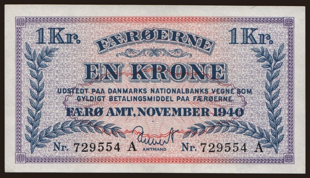 Faroe Islands - 1940 - 1 Krone - "EF+" #CO6014