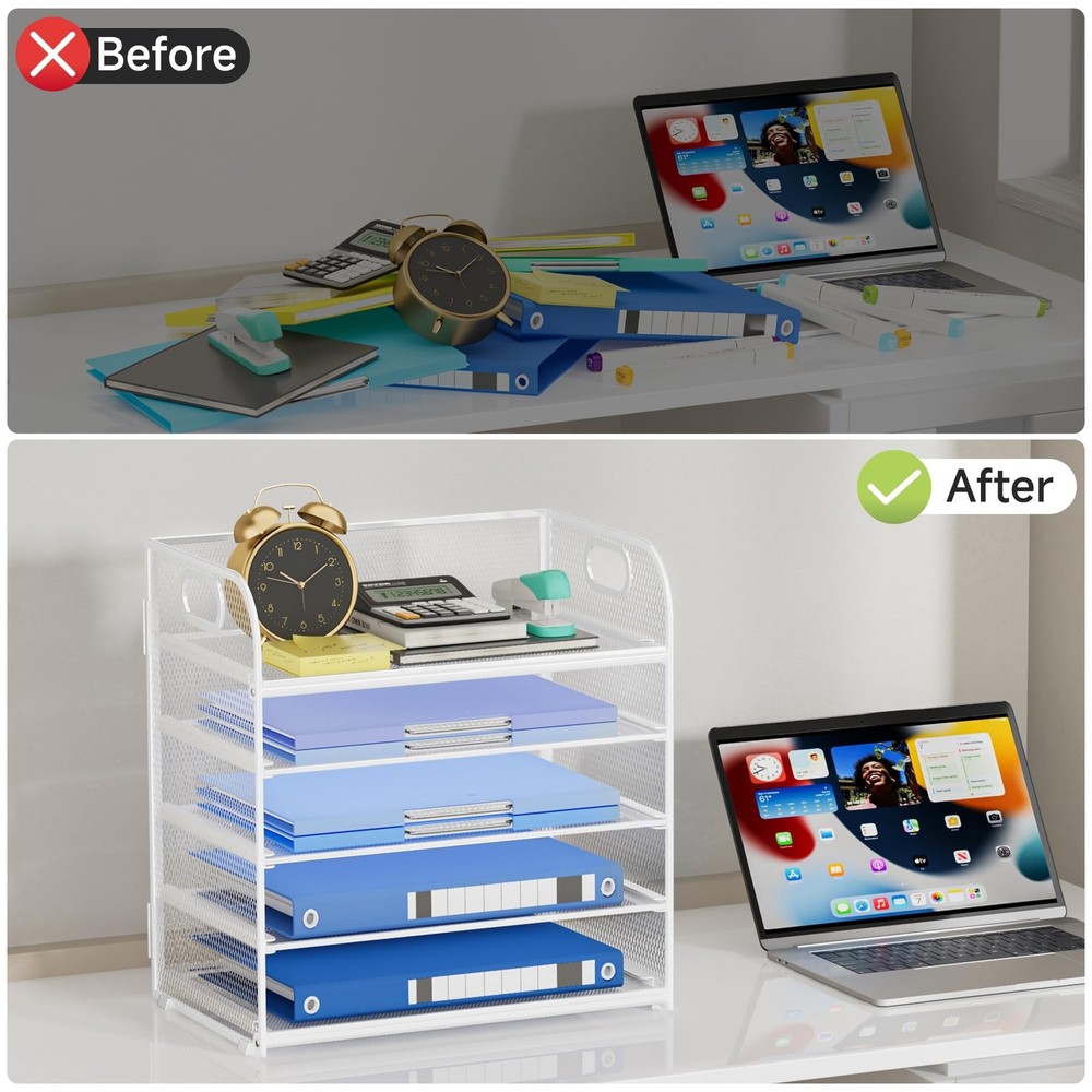 5-Tier Stackable Paper Organizer with Handle, White Metal Mesh Desk Organizer...