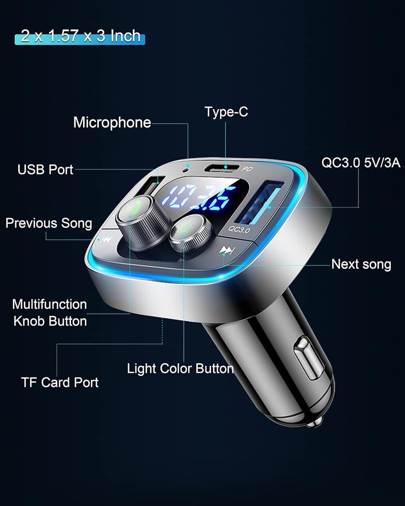 Luxurious USB C Bluetooth 5.4 Car Adapter with FM Transmitter & Fast Charging