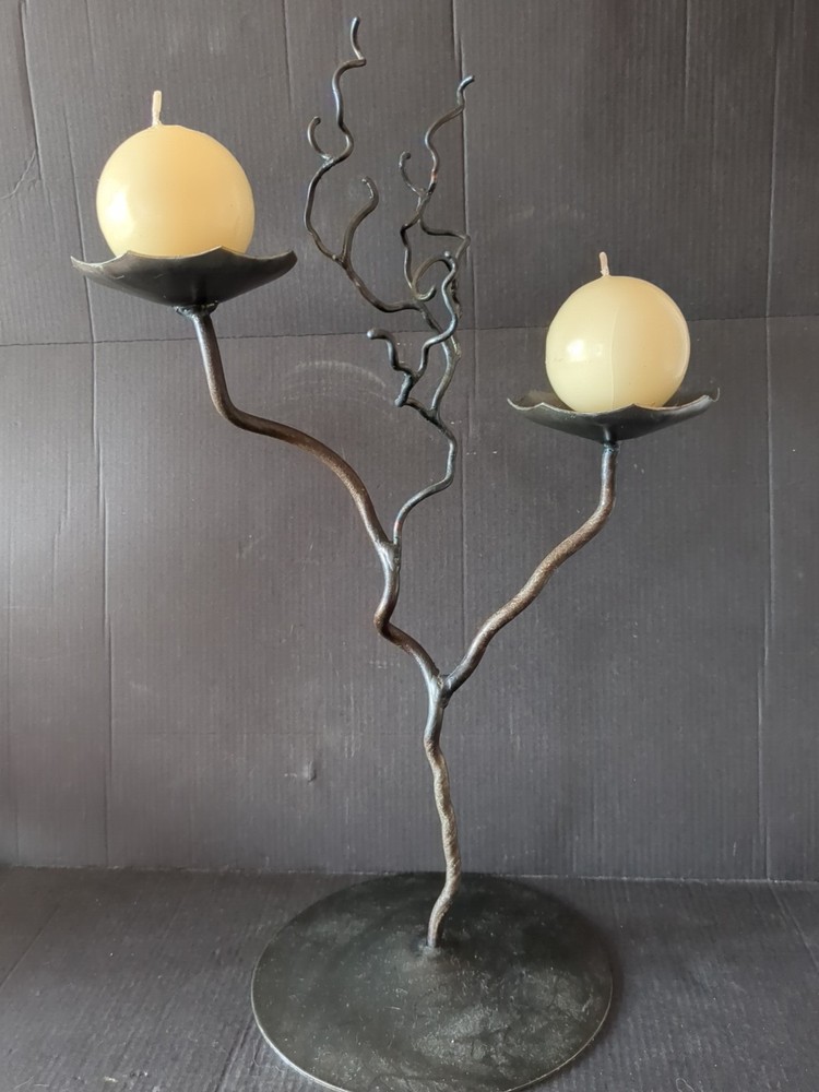 2  ARM GREY METAL CANDELABRA WITH CENTRE TREE BRANCH STEM   #