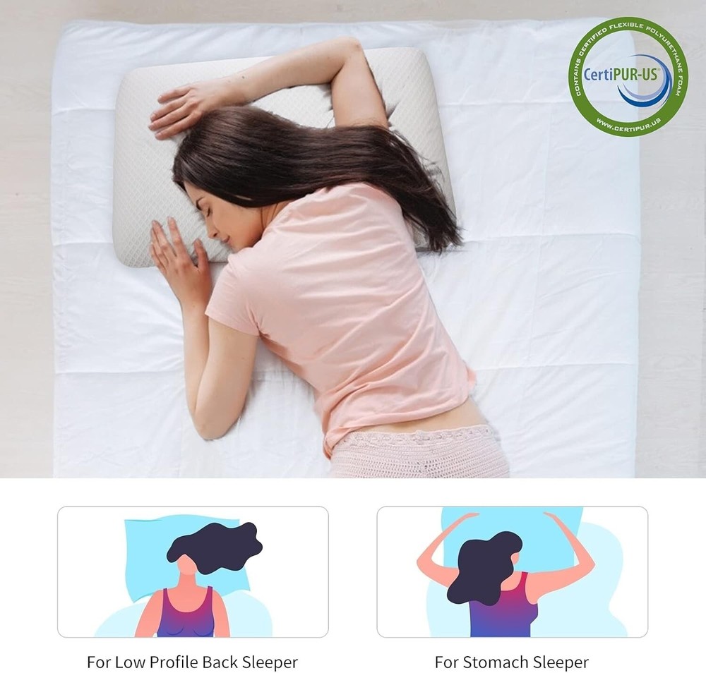 Slim 3.2" Stomach Sleeping Memory Foam Pillow-Thin, Flat, Soft Yet Supportative