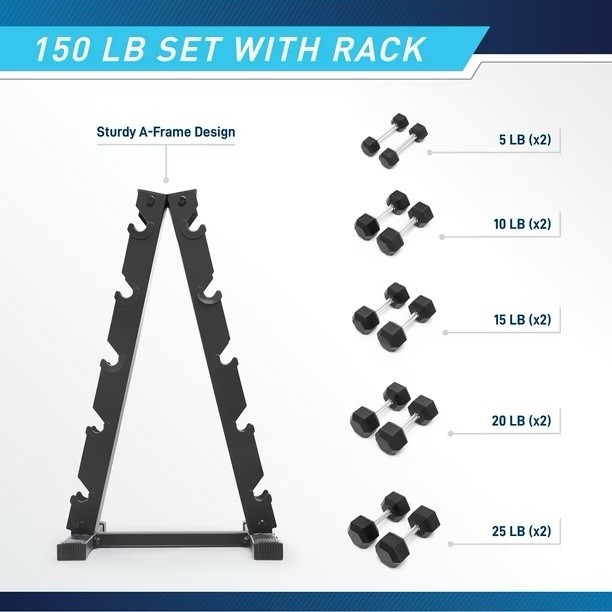Marcy 150 lb. Rubber Hex Dumbbell Set with Rack