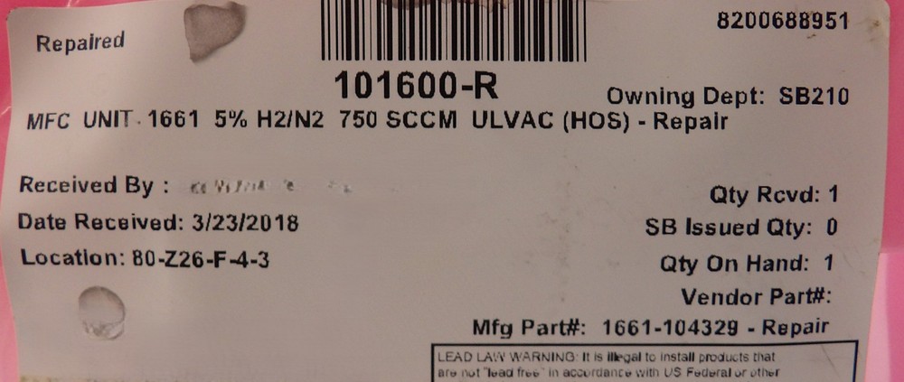 Celerity UNIT UFC-1661 Mass Flow Controller MFC 750 SCCM Refurbished