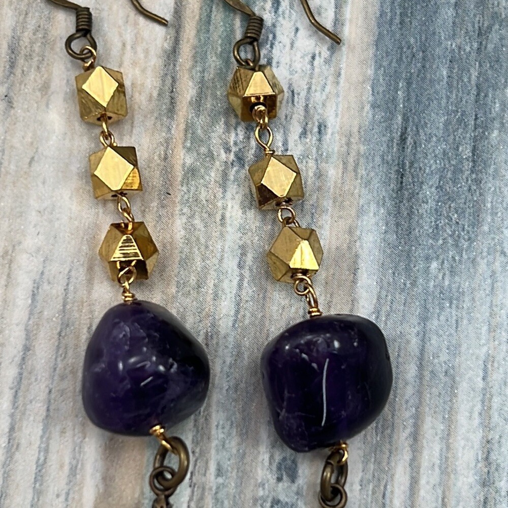 Adorned Crown Artisan Assemblage amethyst rhinestone gold cube earrings