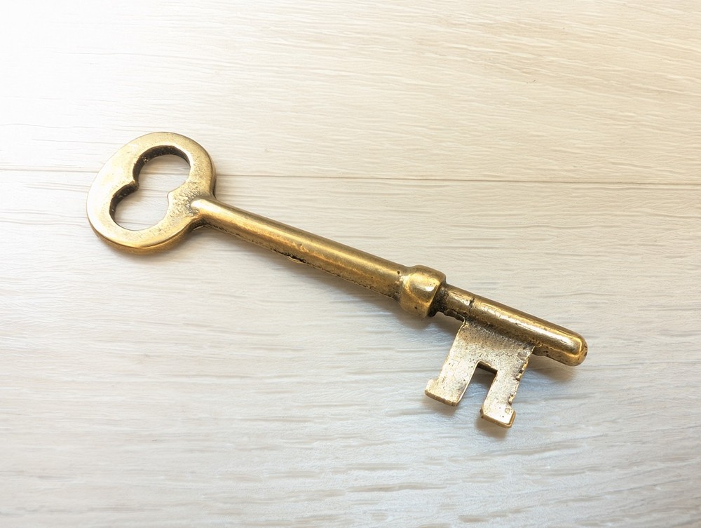 Vintage Solid Brass Skeleton Key 2.5" Long Tarnished Art Deco Victorian