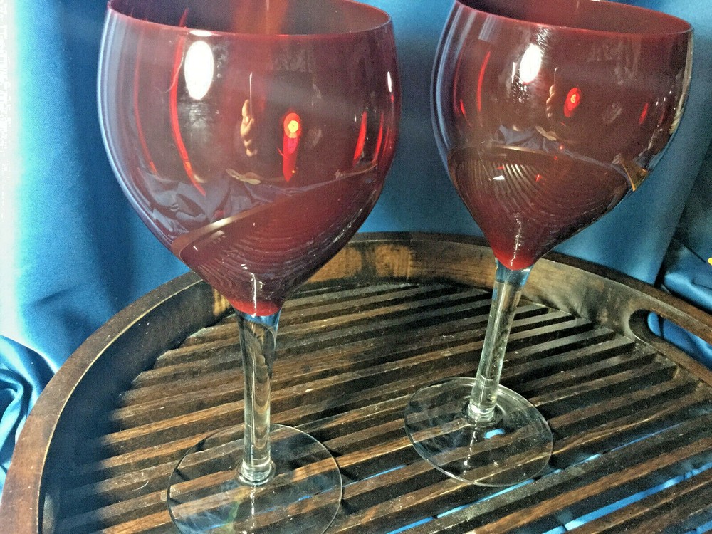 two ruby Red  Clear stem handblown  water  wine goblets  Glasses  9 3/4'' exc