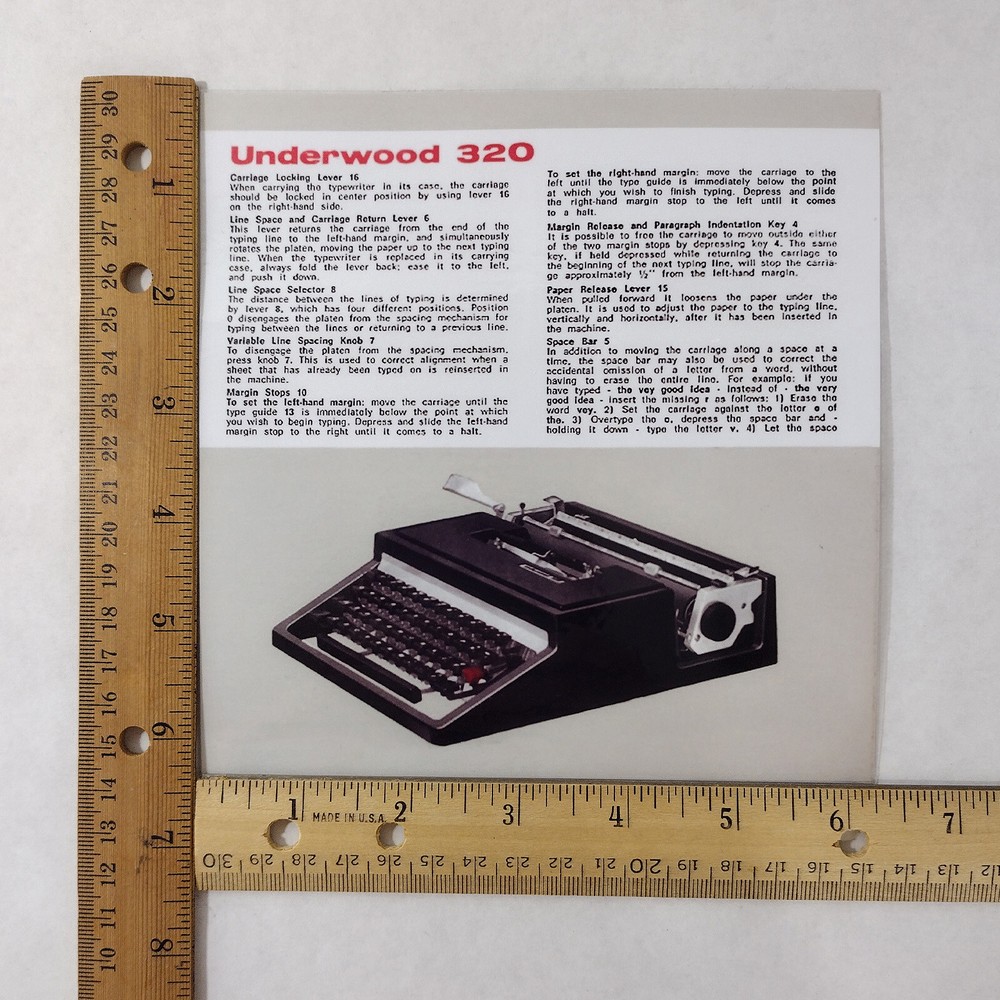 Underwood 320 Typewriter Owner's User Instruction Card Guide