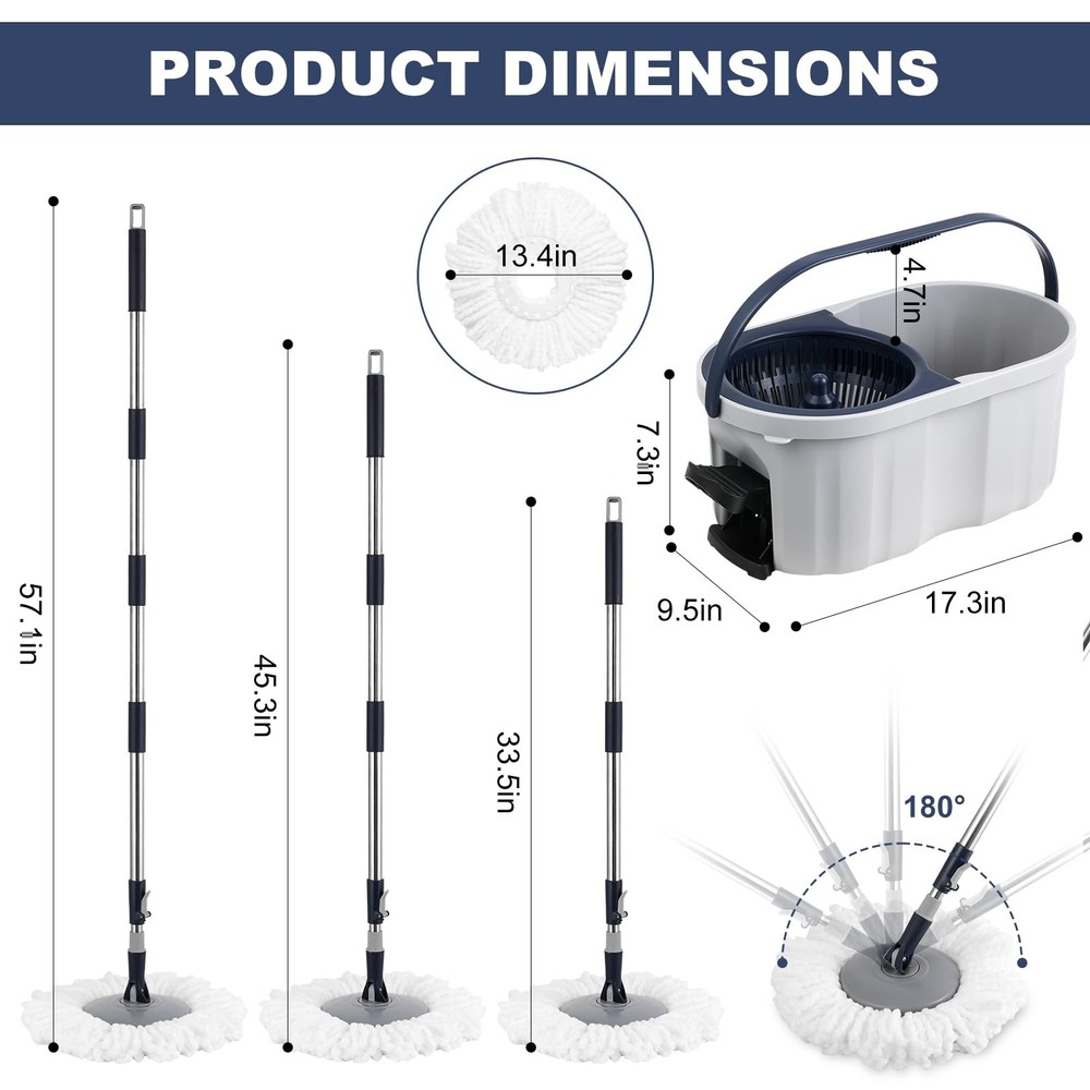 Spin Mop and Bucket System with180-Degree Rotating Head Telescopic Handle Dua...