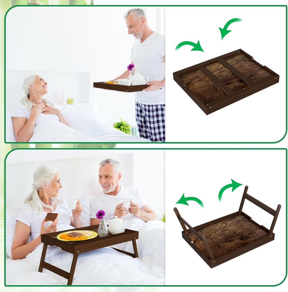 Bamboo Breakfast Tray with Foldable Legs & Detachable Stand | Ergonomic Handle |