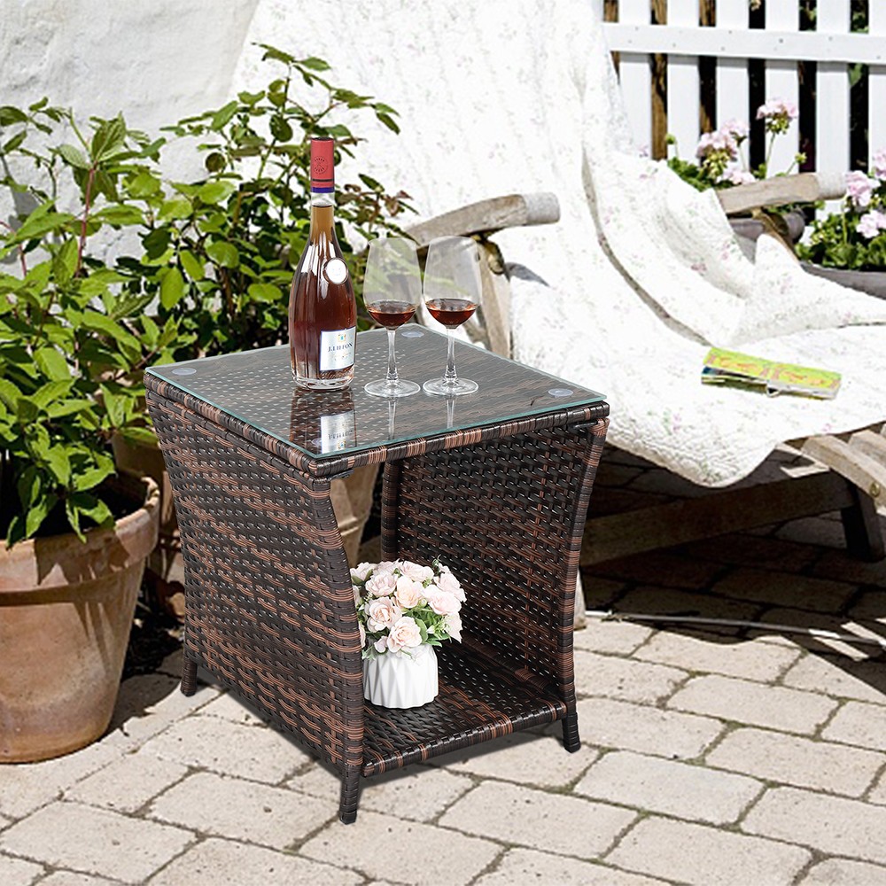 Glass Surface Brown Gradient Iron Frame Rattan Side Table,free ship