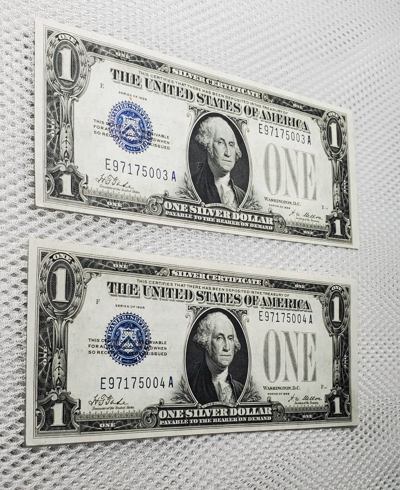 1928 $1 Silver Certificate Funny Back Consecutive Set Plain Series AU+/UNC Nice