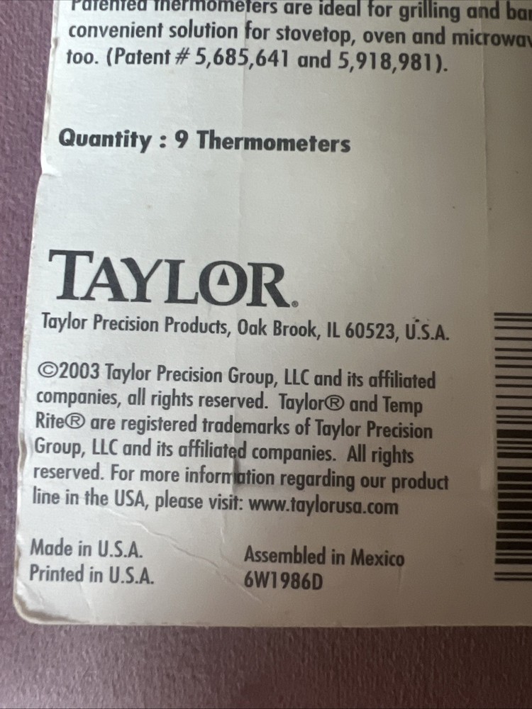 Vintage Taylor Temp Rite Disposable Baking Thermometer