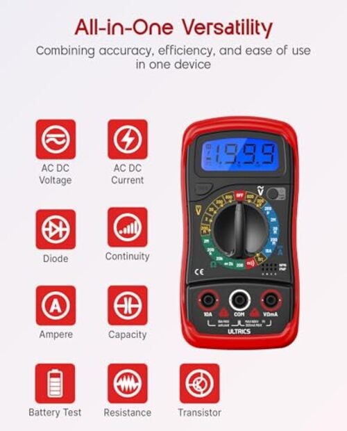 Digital Multimeter, Voltmeter Ammeter Ohmmeter with Test Leads Backlight LCD