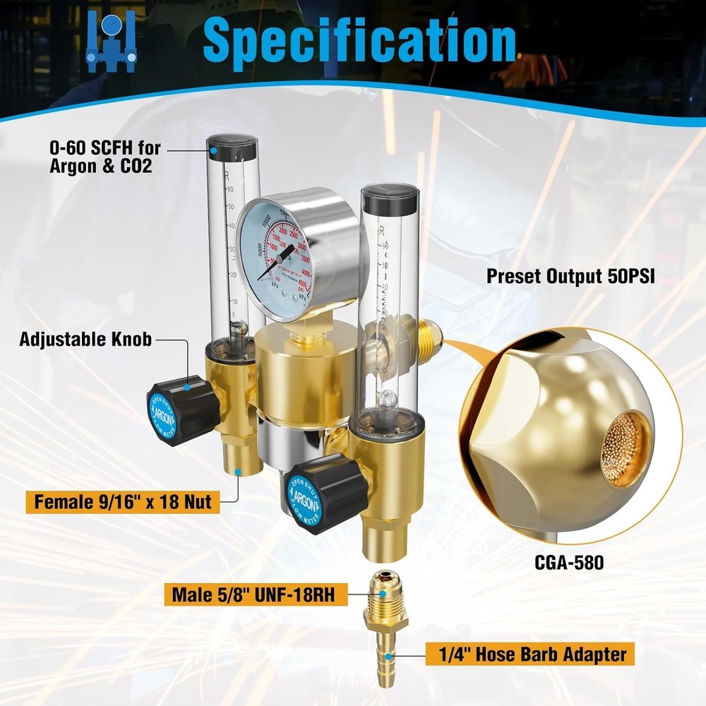 Wide Compatibility Dual Flow Meter Argon Regulator with Flow Indicator & Hoses