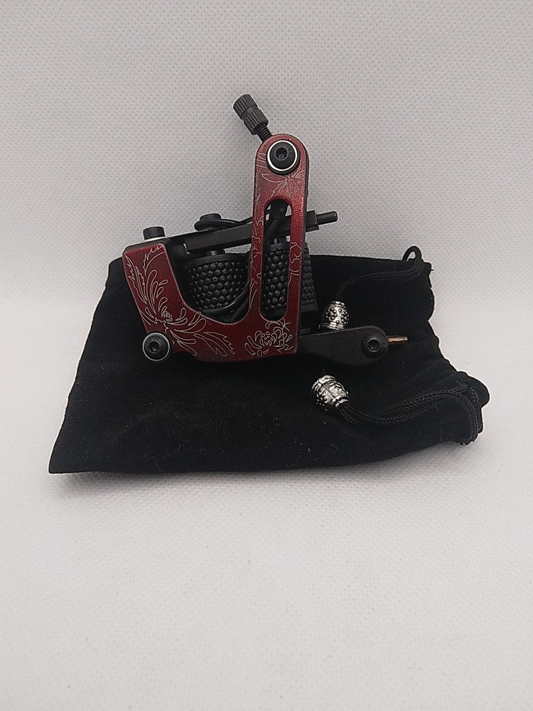Red Coil Tattoo Machine with Engraved Design