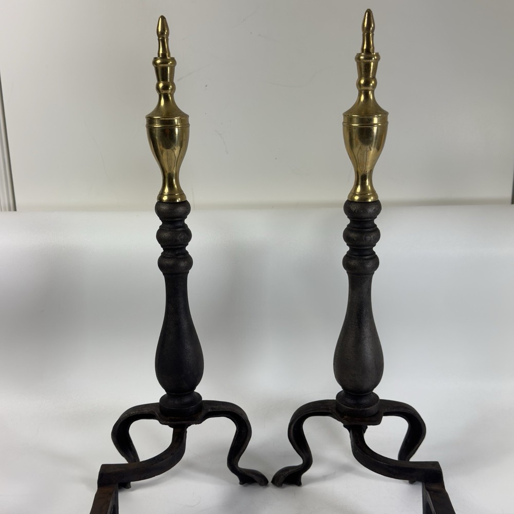Vintage Brass & Iron Fireplace Andirons Firedogs Pair Traditional Hearth