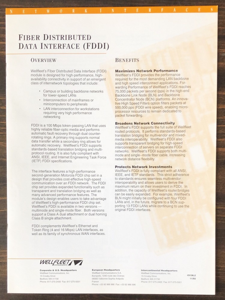 Wellfleet Communications - Fiber Distributed Data Interface FDDI Sales Brochure
